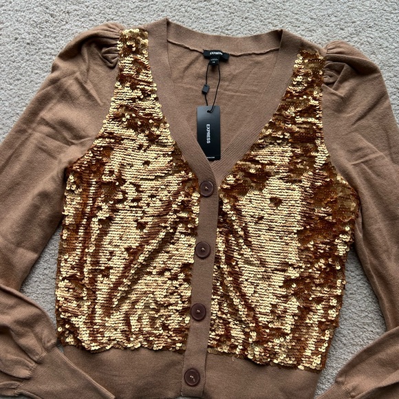 NWT Express Women's Sequin Long Sleeve Button Front Cardigan Sweater Top XS Gold - Picture 6 of 15